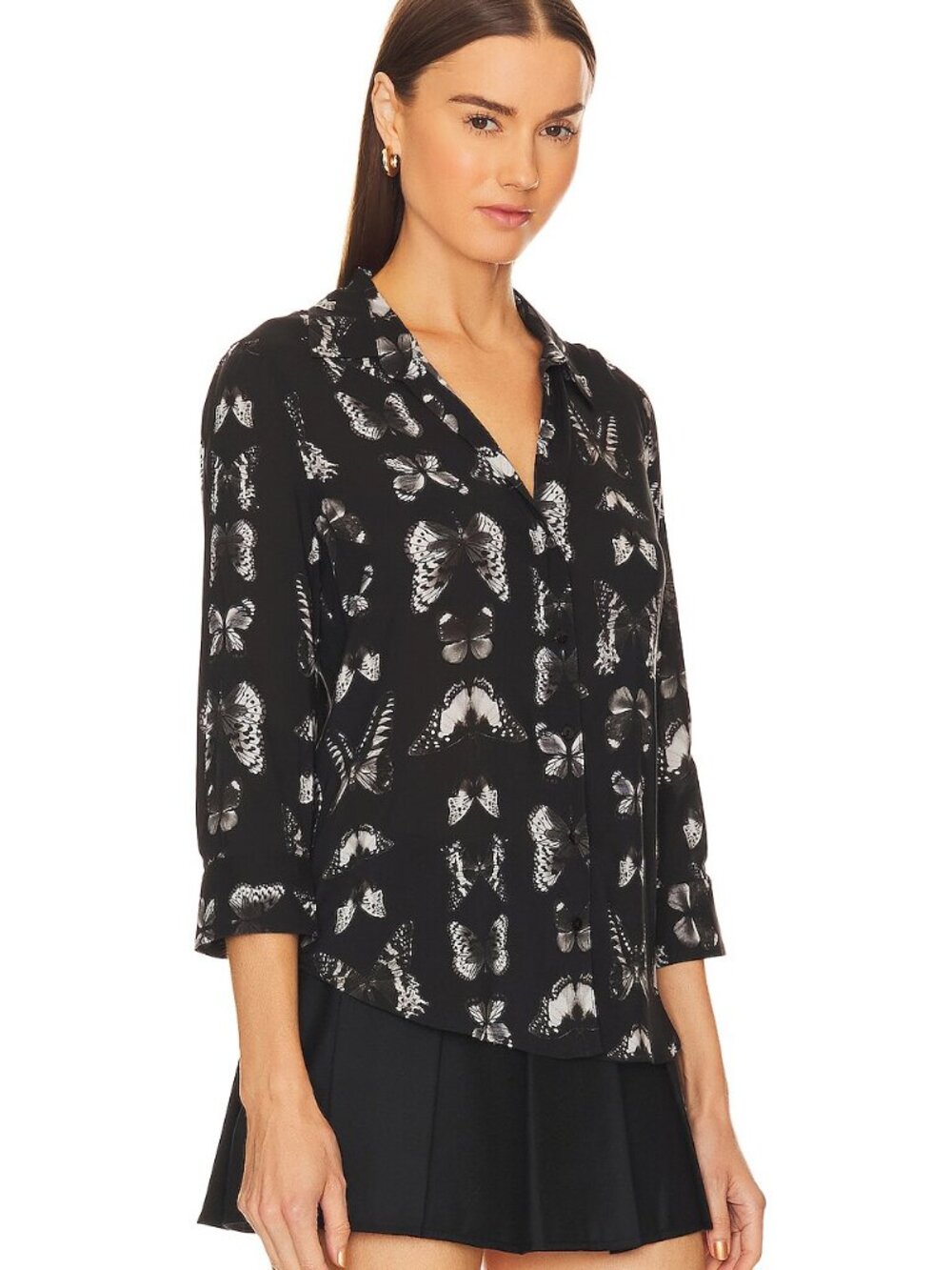 NWT L'AGENCE Camille 3/4 Sleeve Shirt Black Multi Vintage Butterfly Size XL